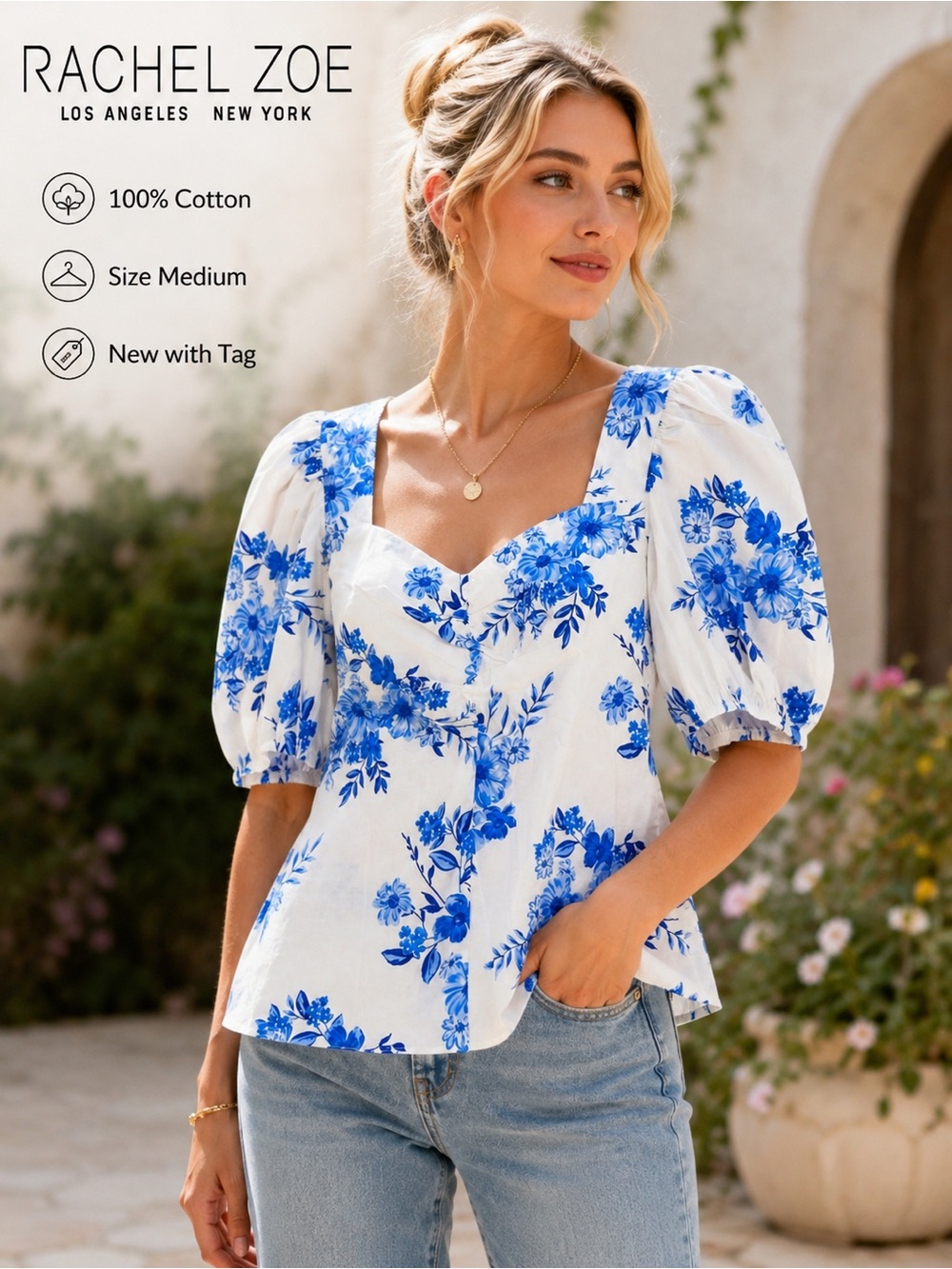 Rachel Zoe Blue White Floral Puff Sleeve Cotton Top Size M NWT